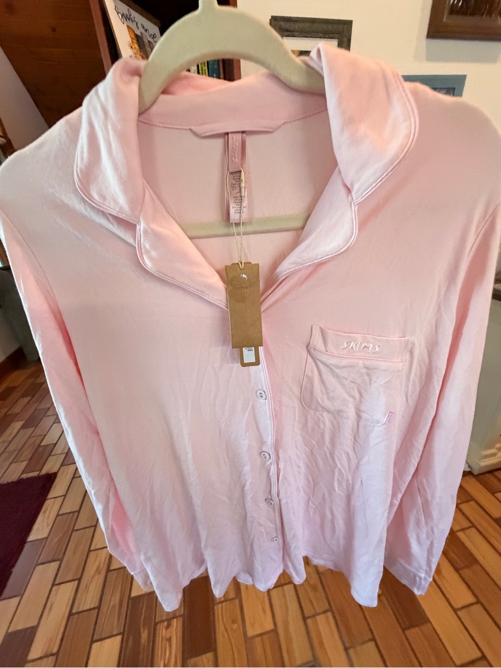 SKIMS Pale Pink Satin-Trim Button-Front Pajama Top